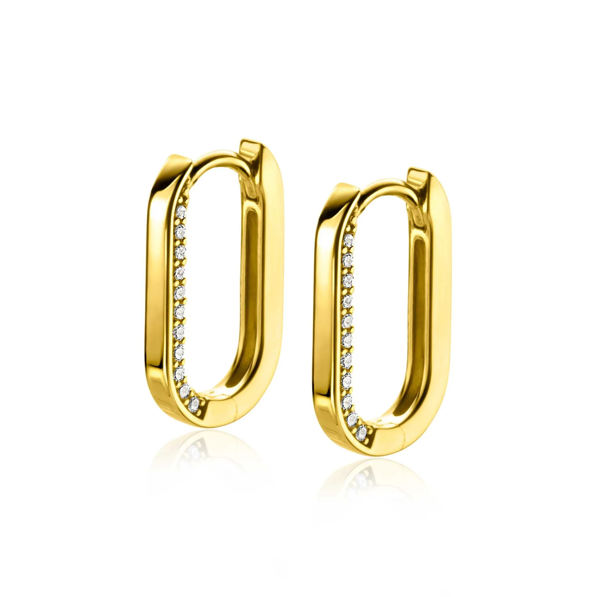 ZINZI gold plated zilveren luxe oorringen ovale vorm 20mm zijkant witte zirconia's ZIO2319Y