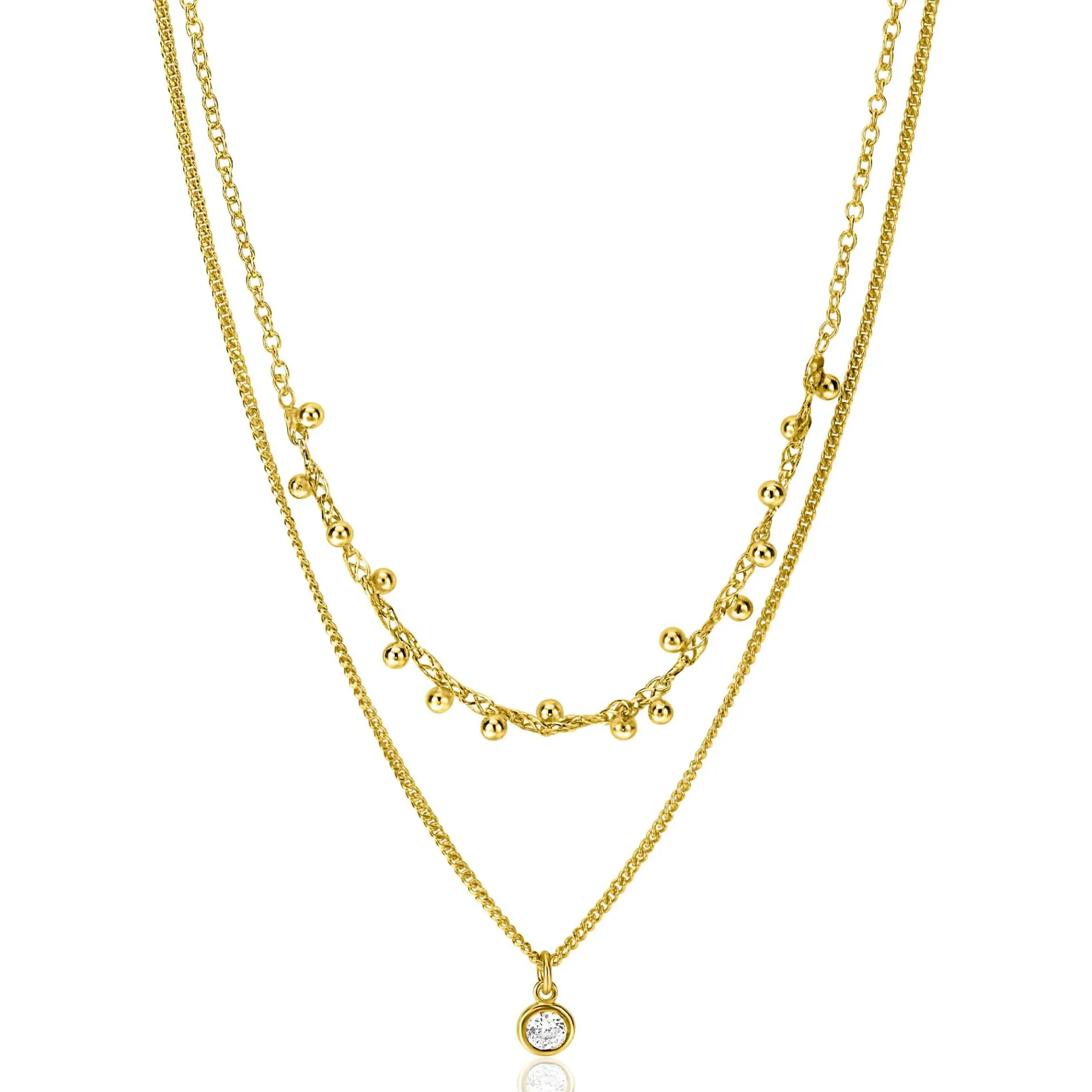 ZINZI gold plated zilveren multilook ketting met ronde zetting witte zirconia en 16 bolletjes 39-42cm ZIC2520Y