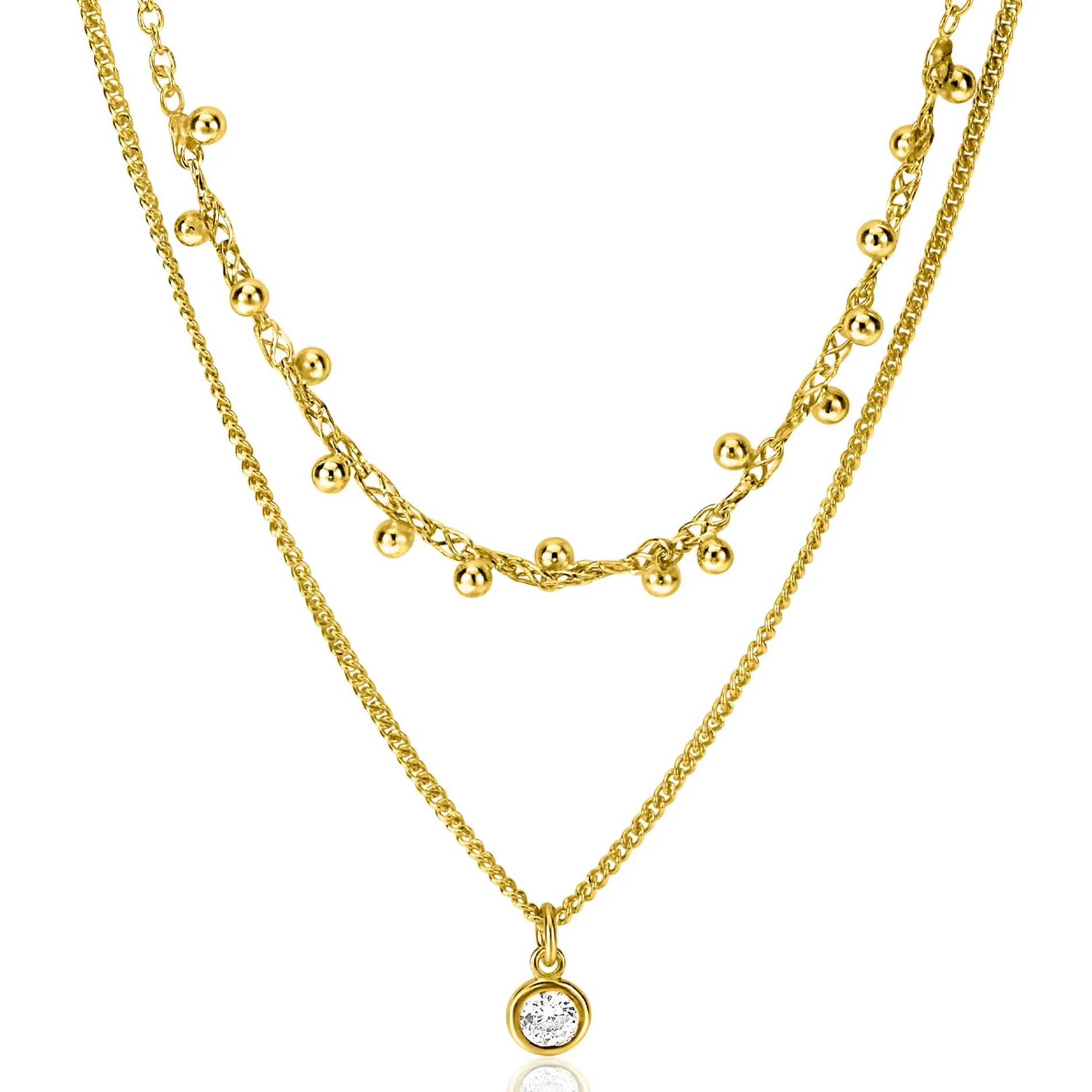ZINZI gold plated zilveren multilook ketting met ronde zetting witte zirconia en 16 bolletjes 39-42cm ZIC2520Y