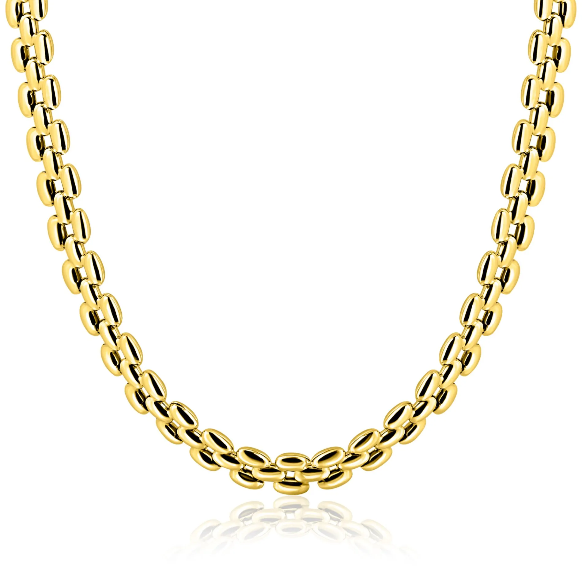 ZINZI gold plated zilveren brede rolex-style schakel-collier 8mm breed 43cm ZIC2764G