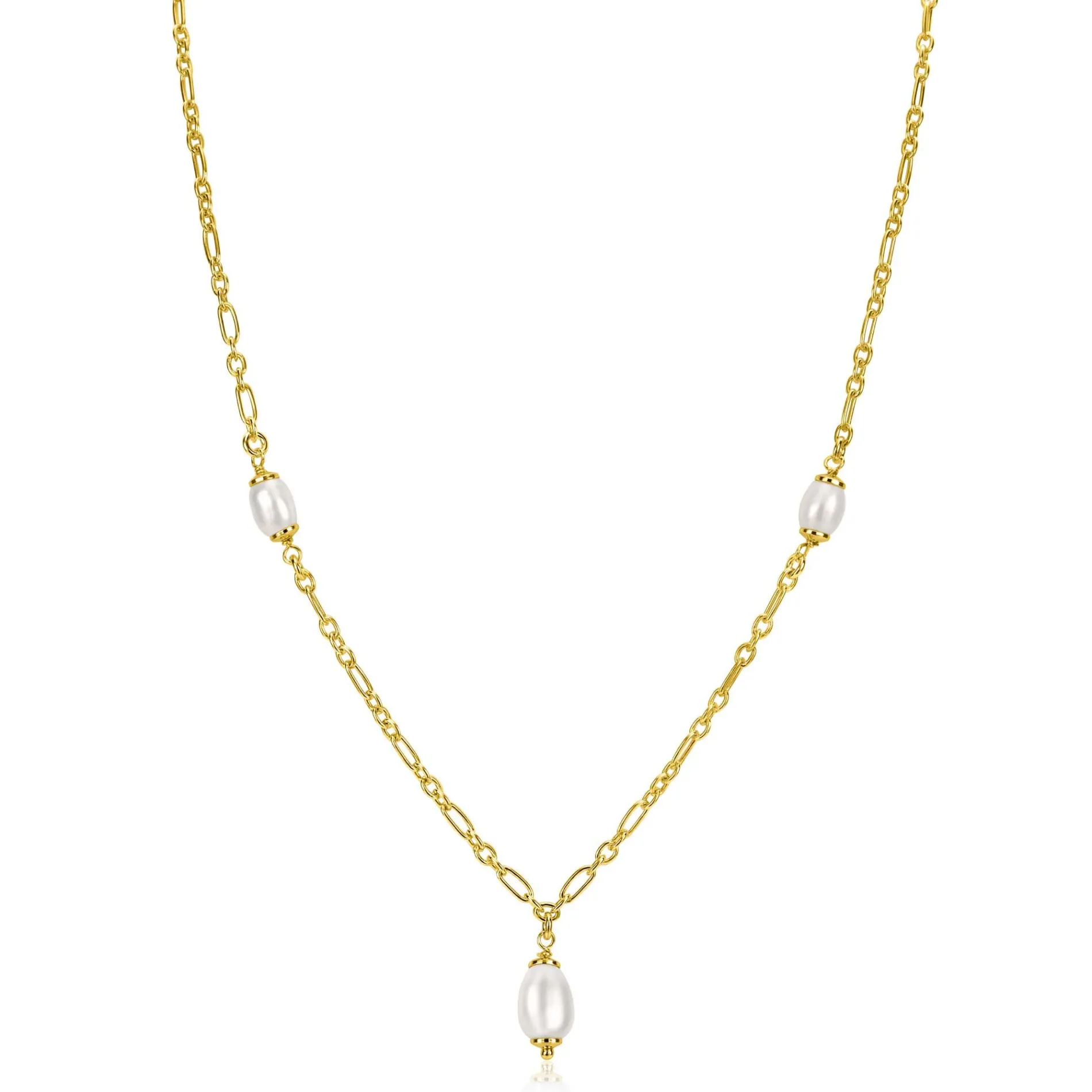 ZINZI gold plated zilveren schakelketting met drie ovale witte zoetwaterparels 40-45cm ZIC2588