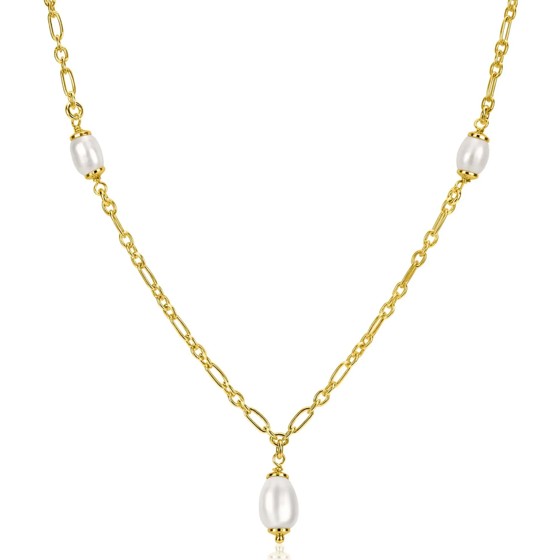 ZINZI gold plated zilveren schakelketting met drie ovale witte zoetwaterparels 40-45cm ZIC2588
