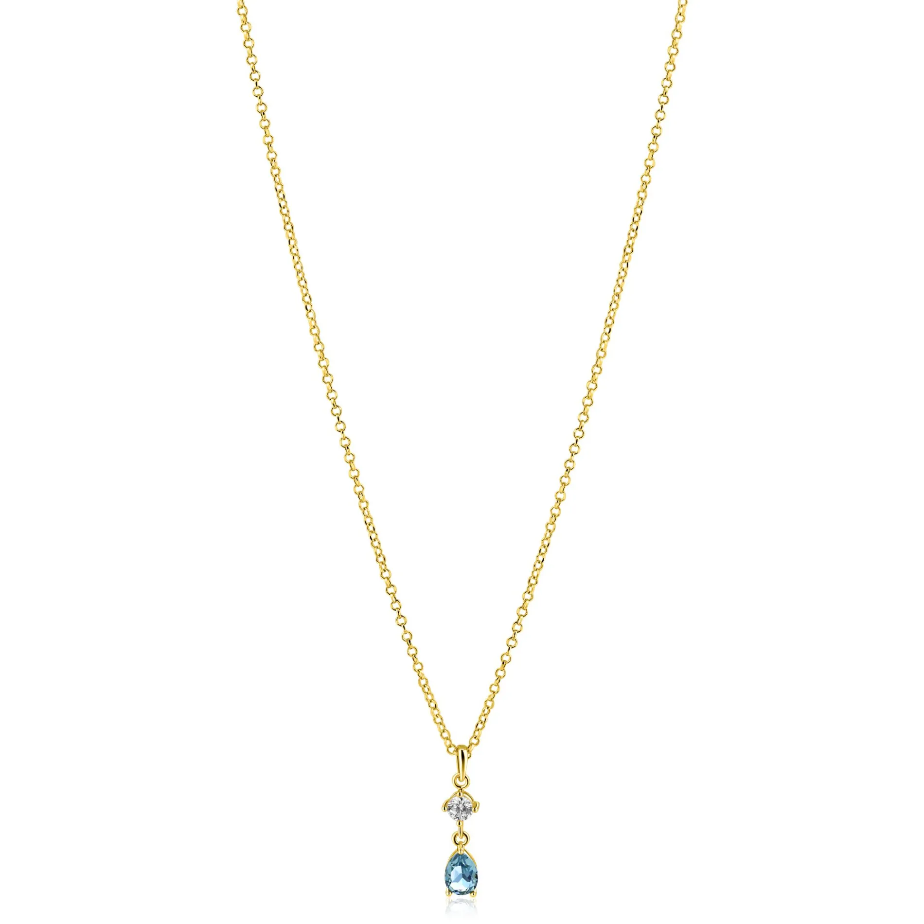 ZINZI gold plated zilveren ketting 42-45cm met luxe peervormige hanger met lichtblauwe kleursteen en witte zirkonia ZIC2744