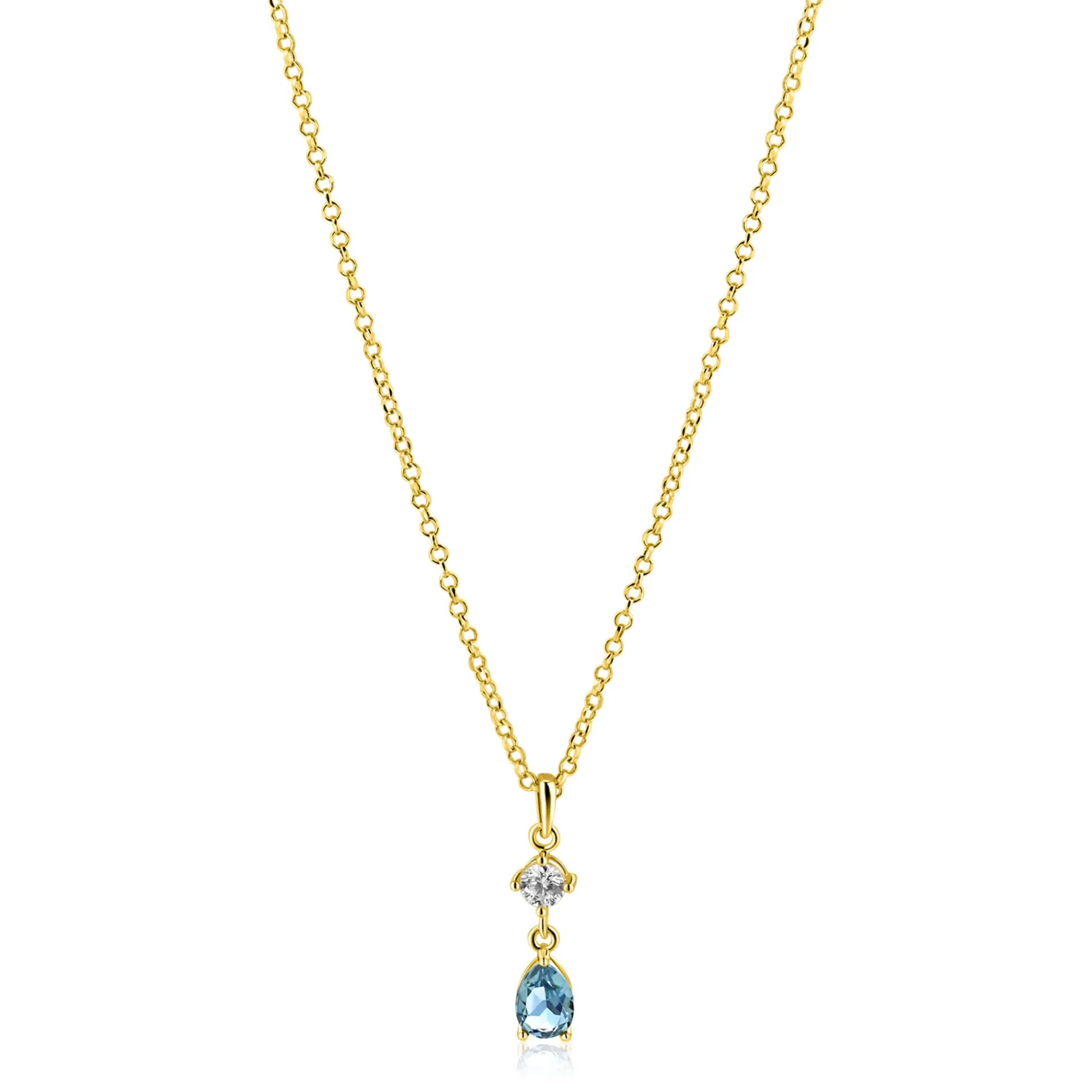 ZINZI gold plated zilveren ketting 42-45cm met luxe peervormige hanger met lichtblauwe kleursteen en witte zirkonia ZIC2744