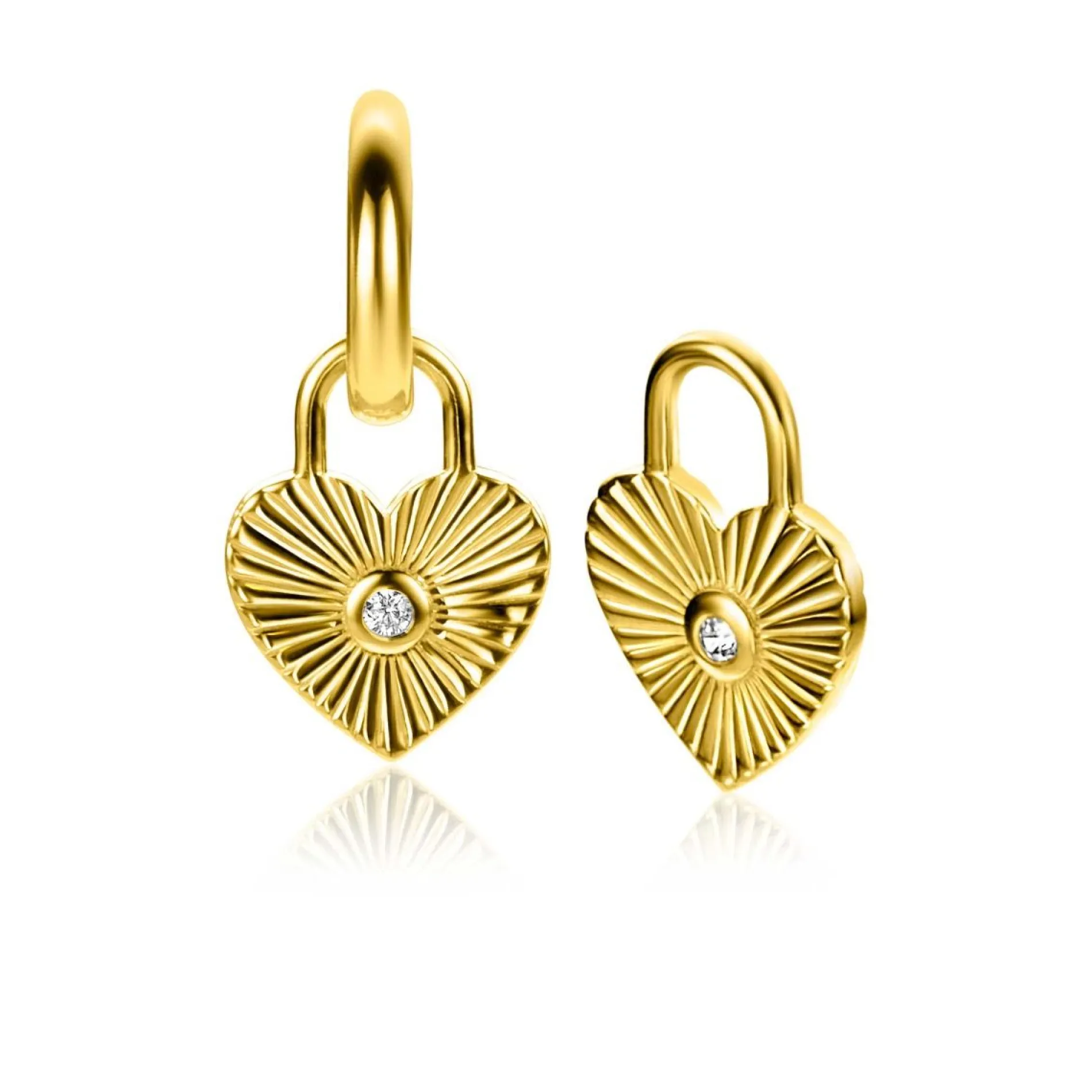 ZINZI gold plated zilveren oorbedels hart met zonnestralen en witte zirconia 15mm ZICH2305 (zonder oorringen)