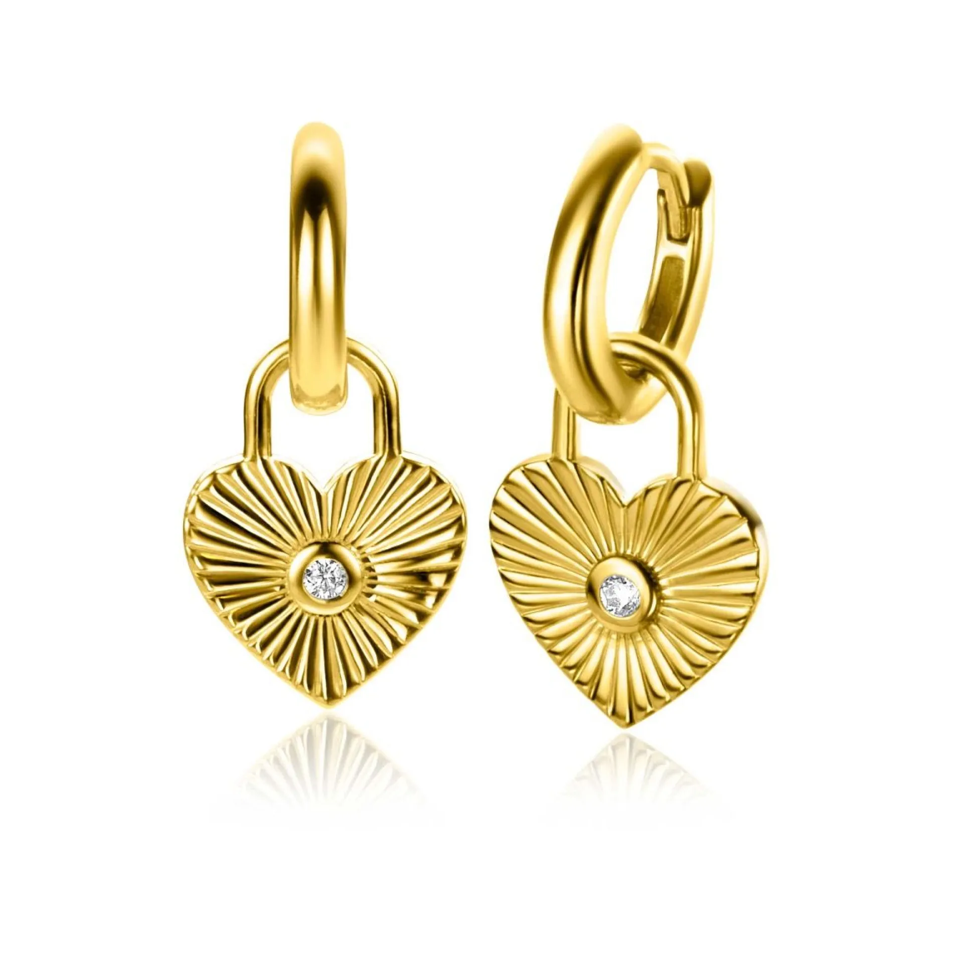 ZINZI gold plated zilveren oorbedels hart met zonnestralen en witte zirconia 15mm ZICH2305 (zonder oorringen)