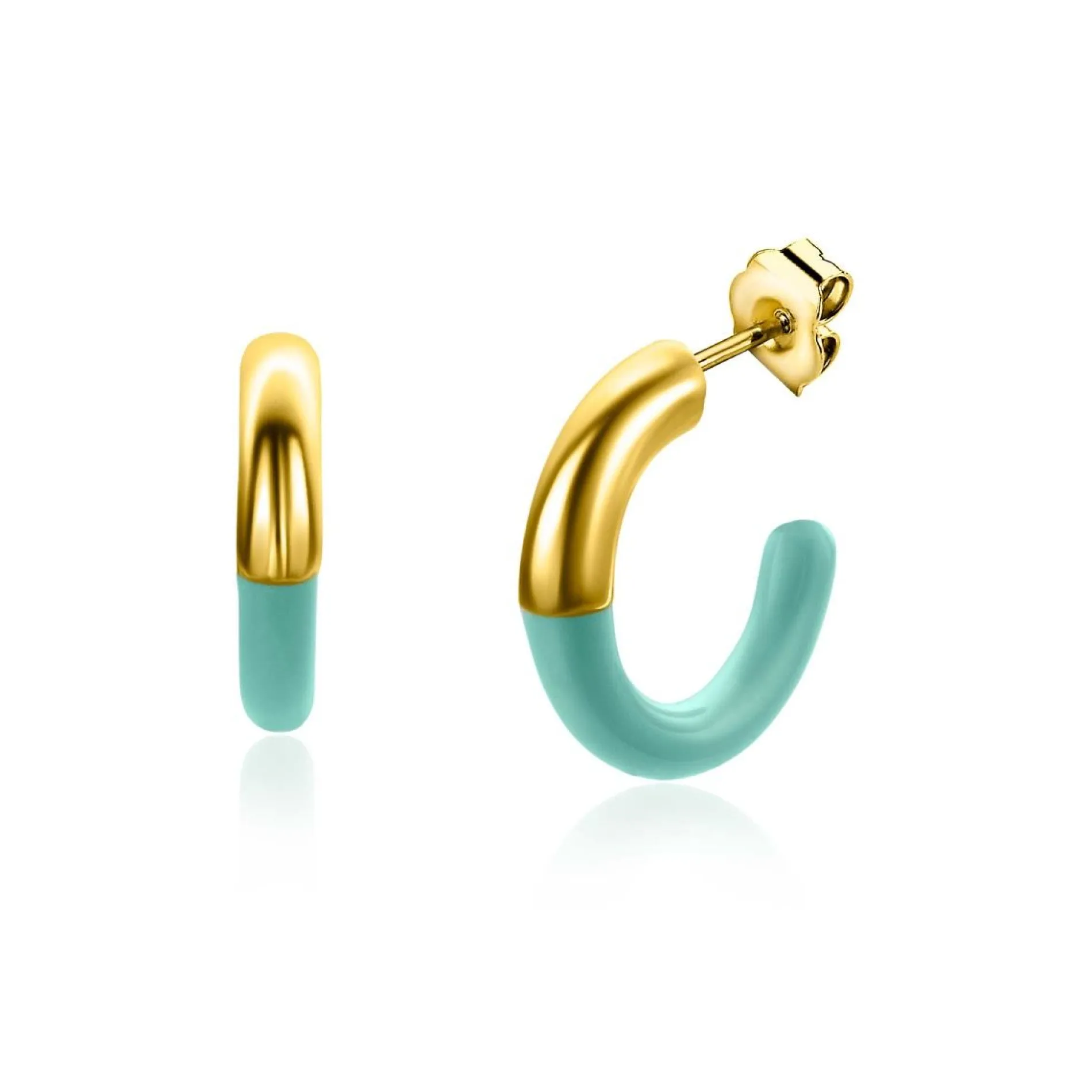 ZINZI gold plated zilveren trendy oorsieraden 16mm half emaille turquoise ZIO2315T