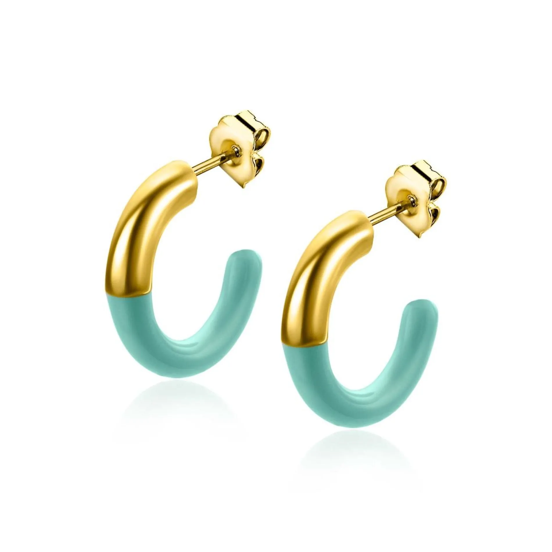 ZINZI gold plated zilveren trendy oorsieraden 16mm half emaille turquoise ZIO2315T