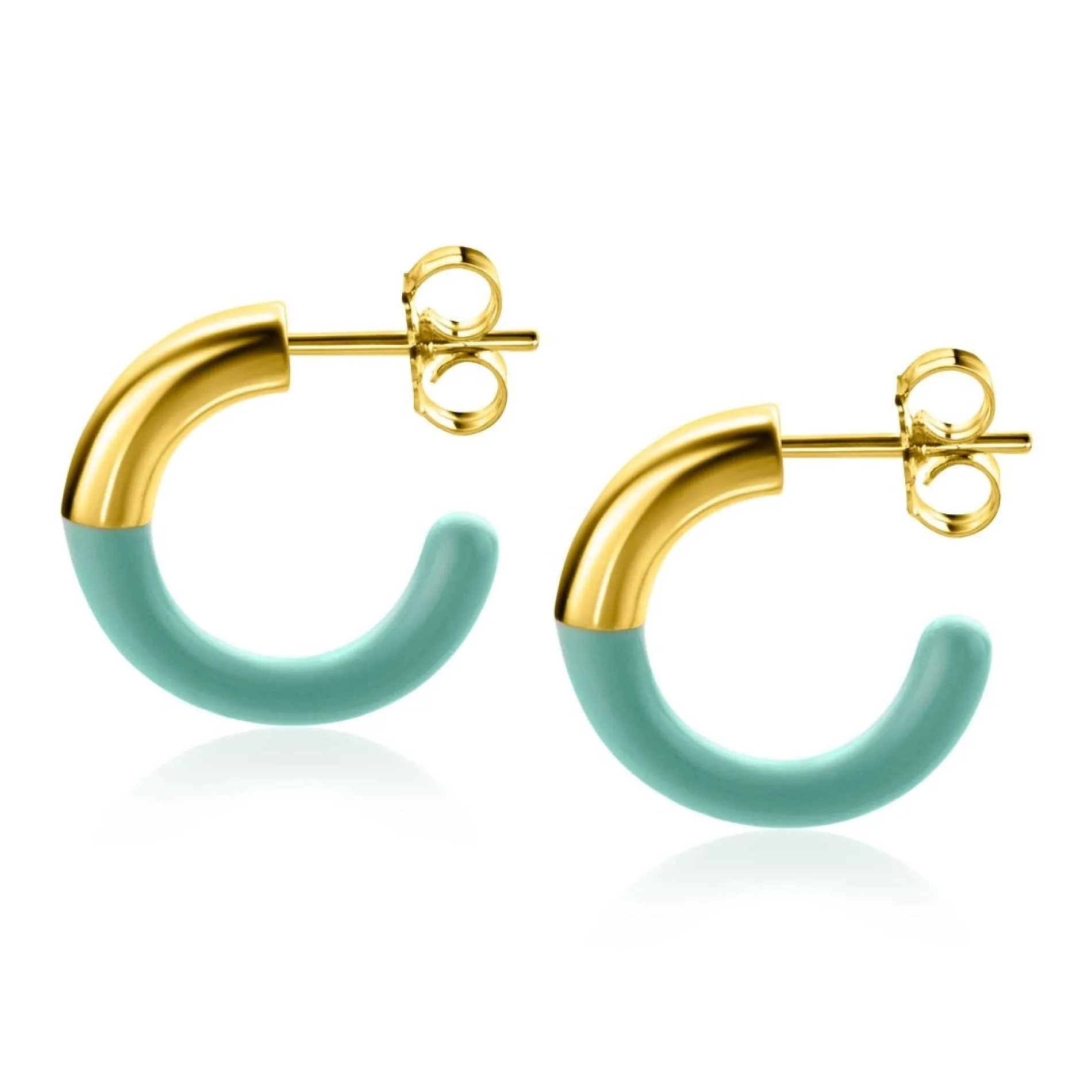ZINZI gold plated zilveren trendy oorsieraden 16mm half emaille turquoise ZIO2315T