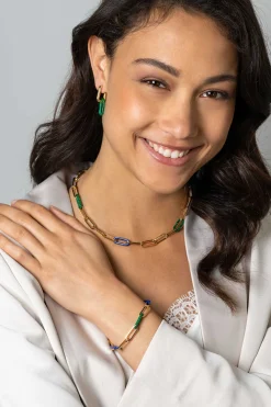 ZINZI gold plated zilveren ketting 45cm met paperclip-schakels en trendy schakels in lapisblauw en malachietgroen ZIC2455