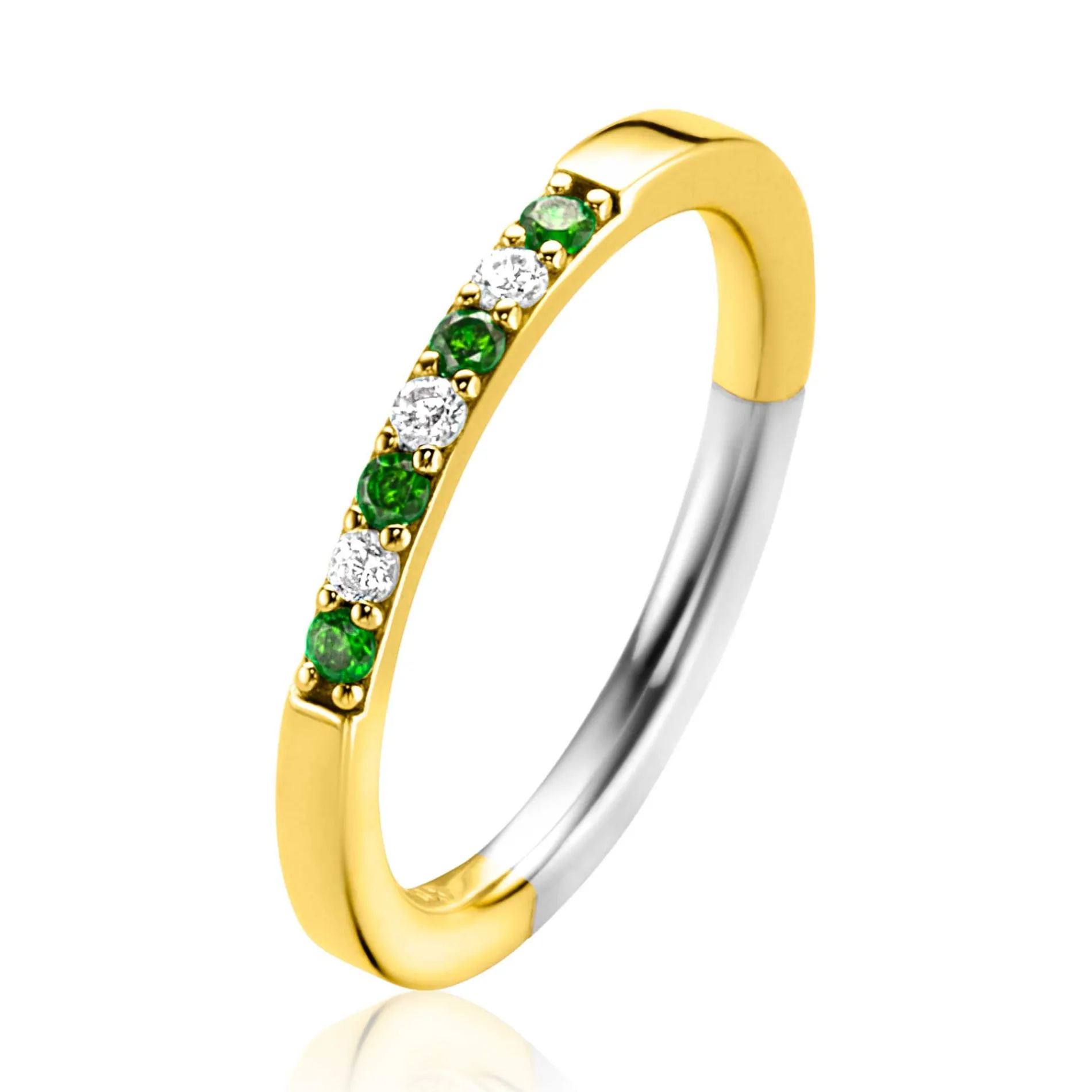 ZINZI gold plated zilveren aanschuifring 2mm breed in chatonzettingen bezet met diepgroene kleurstenen en witte zirconia's ZIR2557