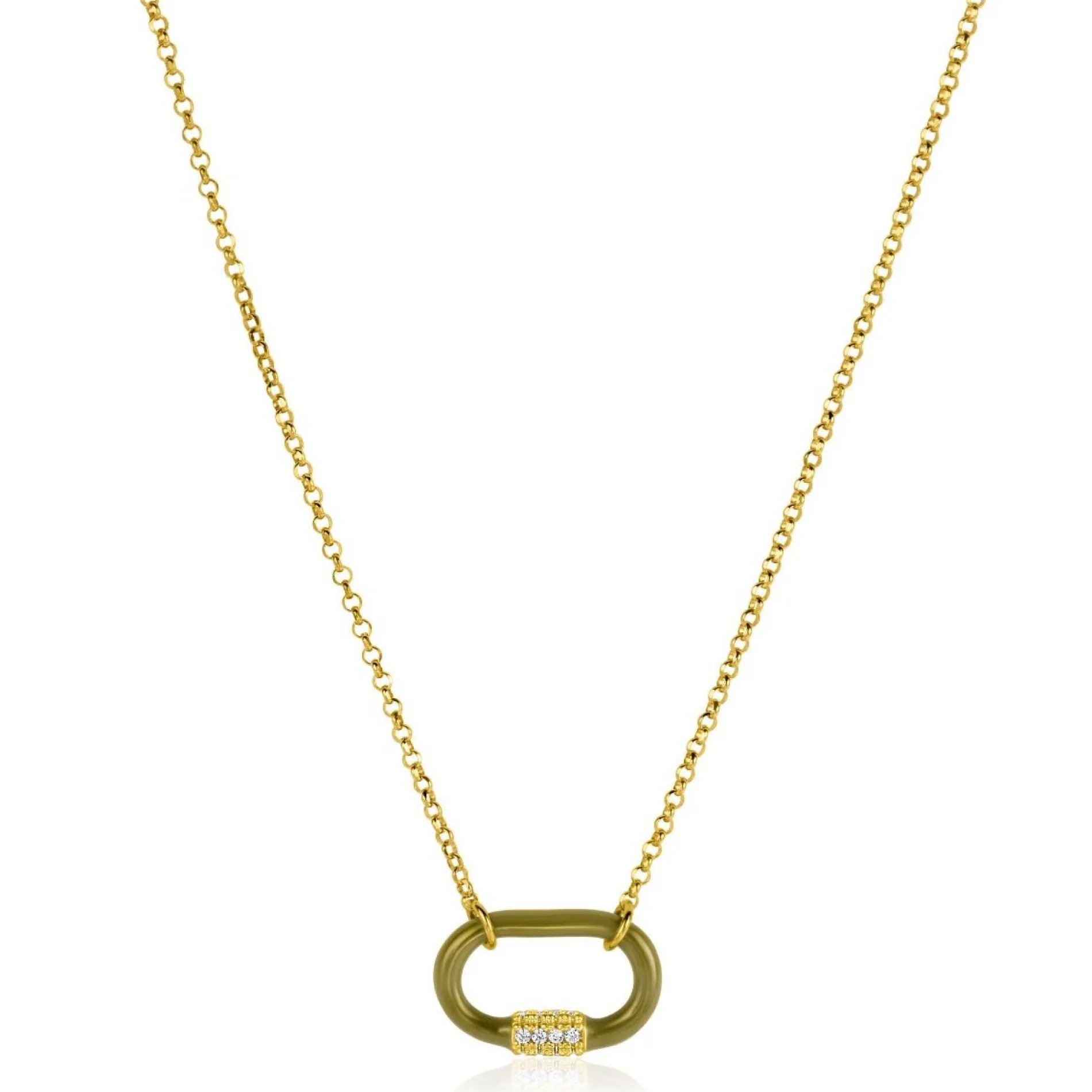 ZINZI gold plated zilveren schakelketting 45cm ovale hanger olijfgroen emaille en witte zirconia's ZIC2374