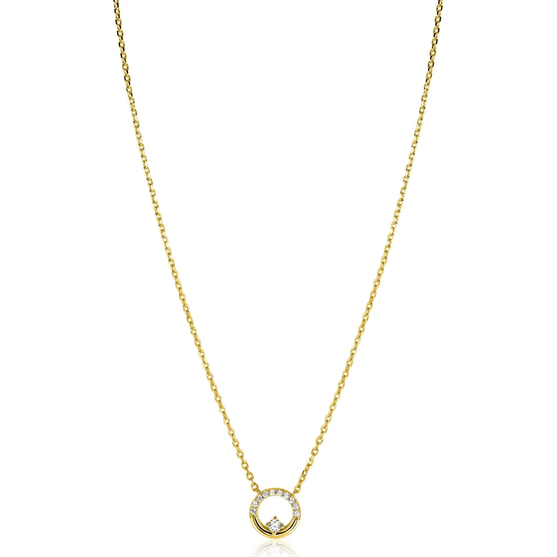 ZINZI gold plated zilveren ketting 42–45cm met ronde open hanger (12mm) en bezet met witte zirkonia's ZIC2725Y