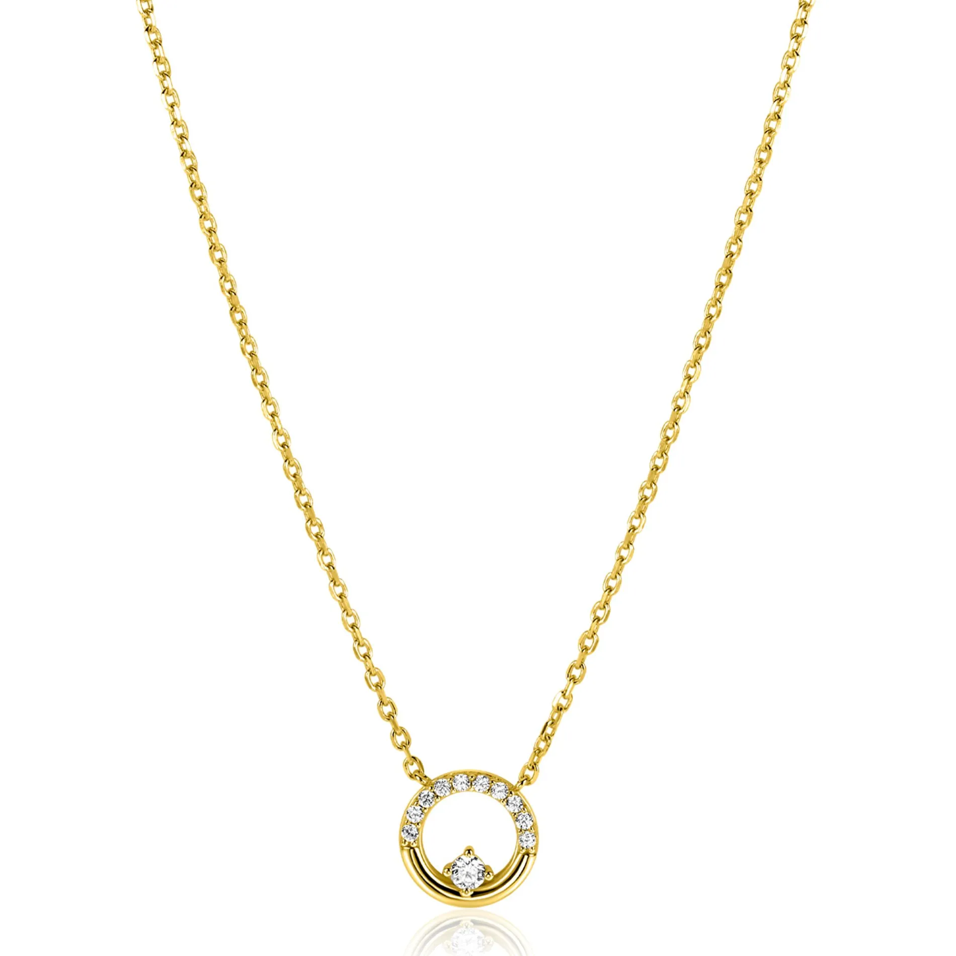 ZINZI gold plated zilveren ketting 42–45cm met ronde open hanger (12mm) en bezet met witte zirkonia's ZIC2725Y