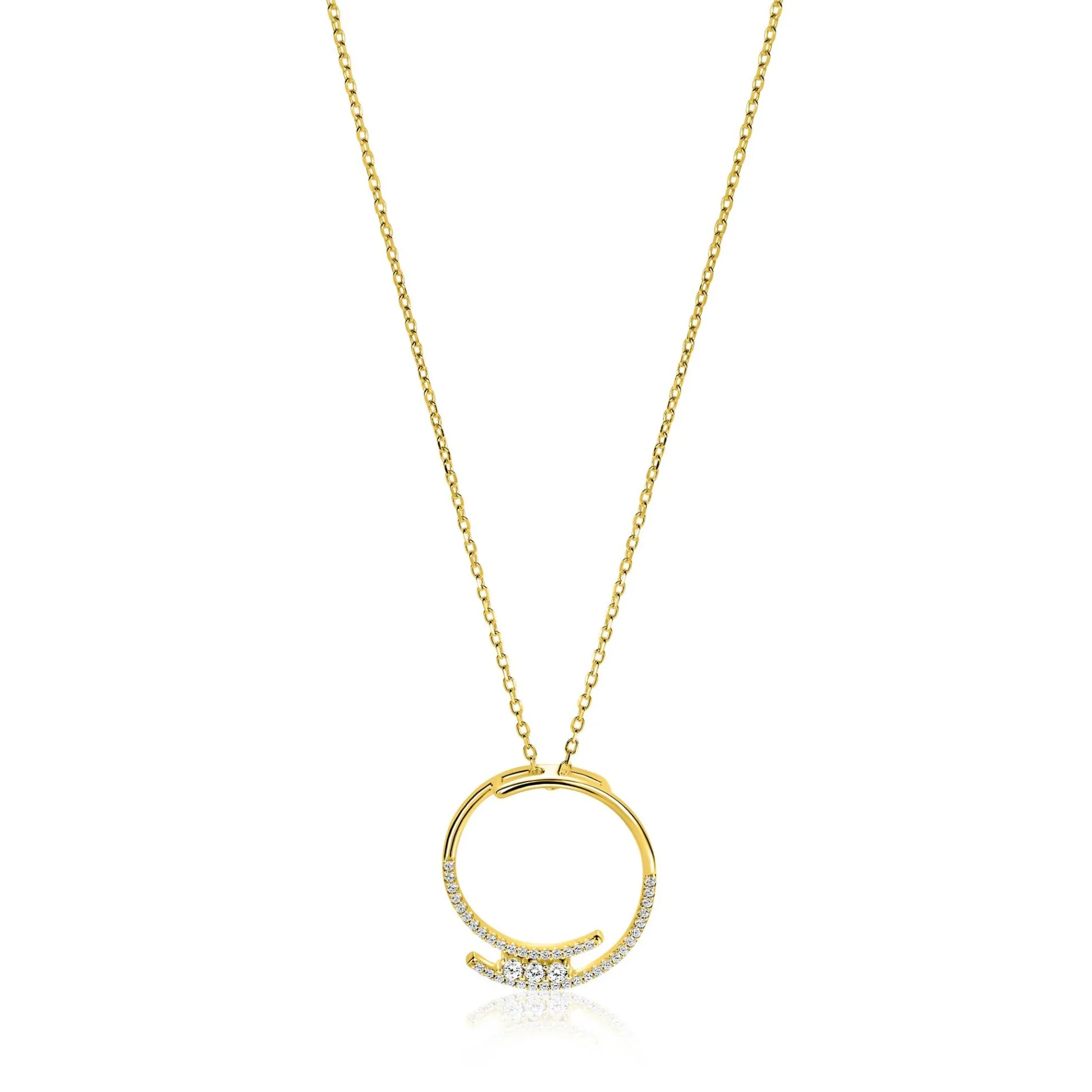 ZINZI gold plated zilveren ketting met grote open ronde hanger 25mm bezet met witte zirkonia's 45-50 cm ZIC2645Y