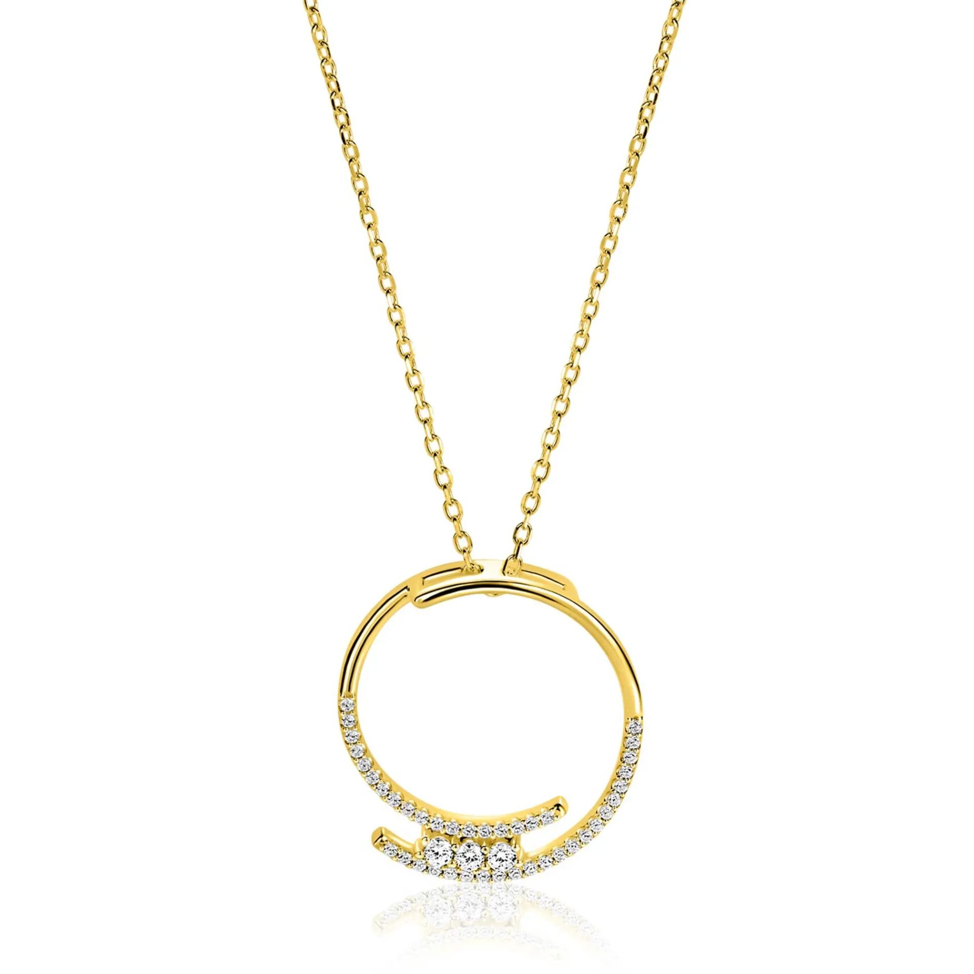 ZINZI gold plated zilveren ketting met grote open ronde hanger 25mm bezet met witte zirkonia's 45-50 cm ZIC2645Y