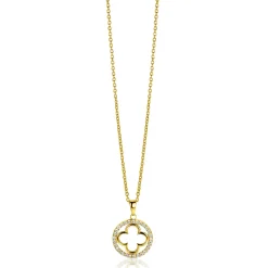 ZINZI gold plated zilveren anker ketting met luxe klaver hanger (15mm) rondom bezet met witte zirconia's 45-48cm ZIC2617Y