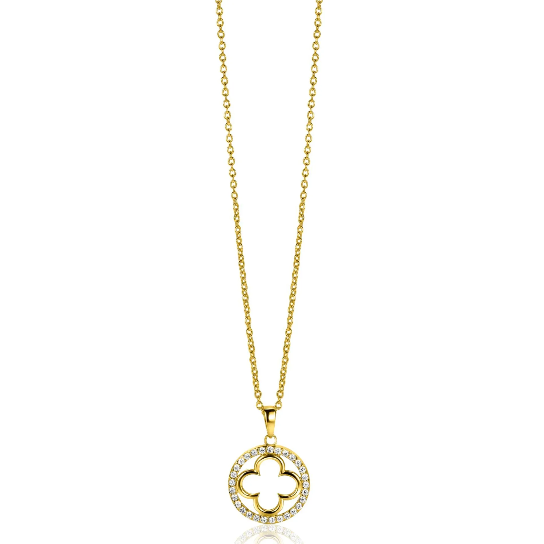 ZINZI gold plated zilveren anker ketting met luxe klaver hanger (15mm) rondom bezet met witte zirconia's 45-48cm ZIC2617Y