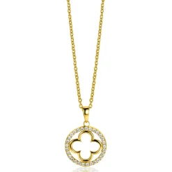 ZINZI gold plated zilveren anker ketting met luxe klaver hanger (15mm) rondom bezet met witte zirconia's 45-48cm ZIC2617Y