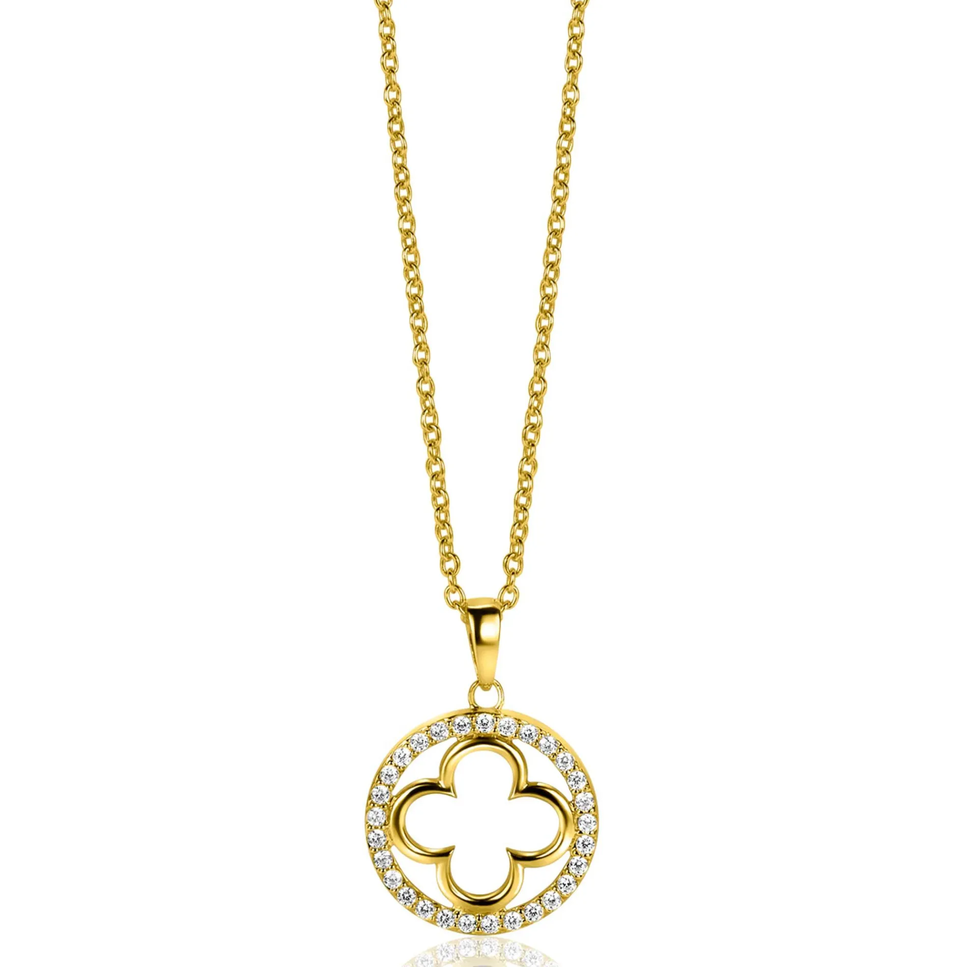 ZINZI gold plated zilveren anker ketting met luxe klaver hanger (15mm) rondom bezet met witte zirconia's 45-48cm ZIC2617Y