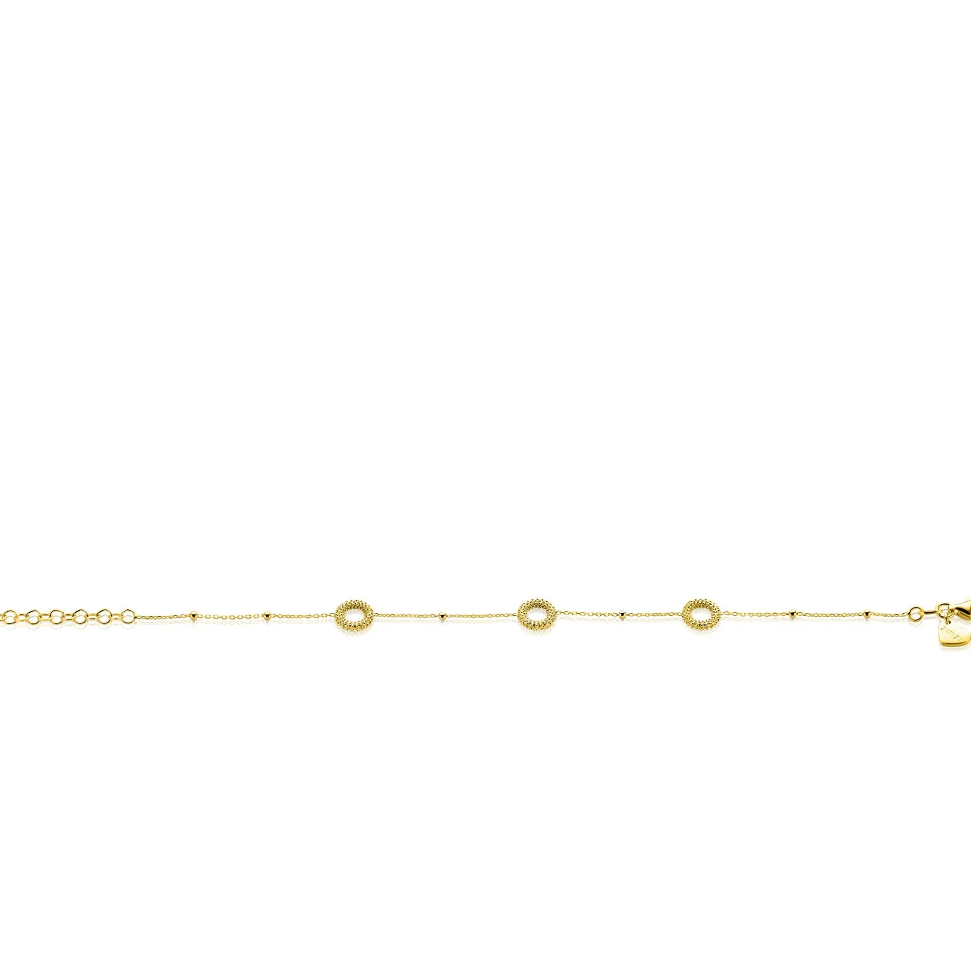 ZINZI gold plated zilveren armband met drie open rondjes (8,5mm) voorzien van een bolstructuur 17-20cm ZIA2704G