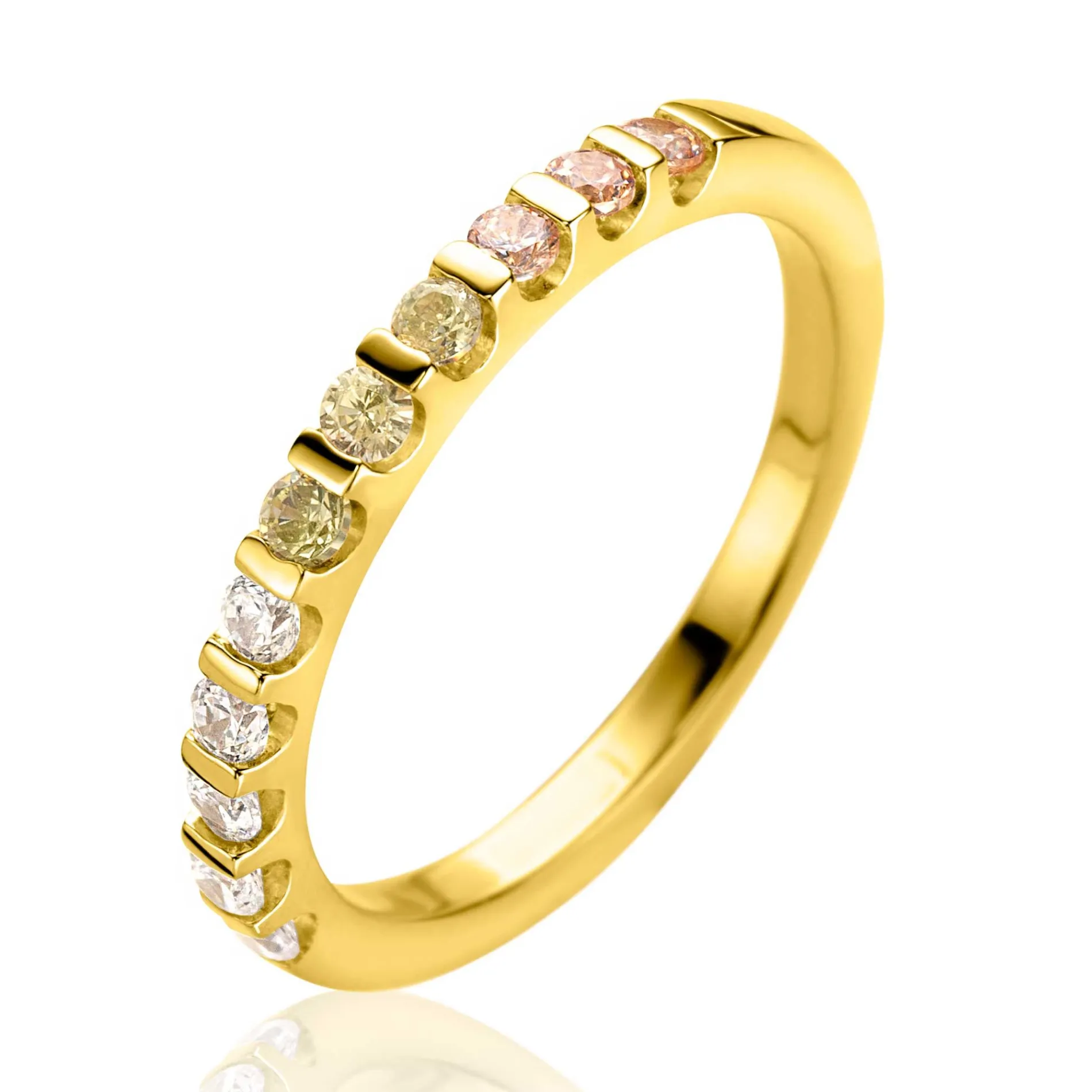 ZINZI gold plated zilveren aanschuifring 2mm breed bezet met champagne, peridot en witte zirconia's ZIR2612