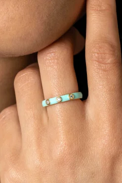 ZINZI gold plated zilveren aanschuifring trendy turquoise emaille en witte zirconia's 3mm ZIR2315T