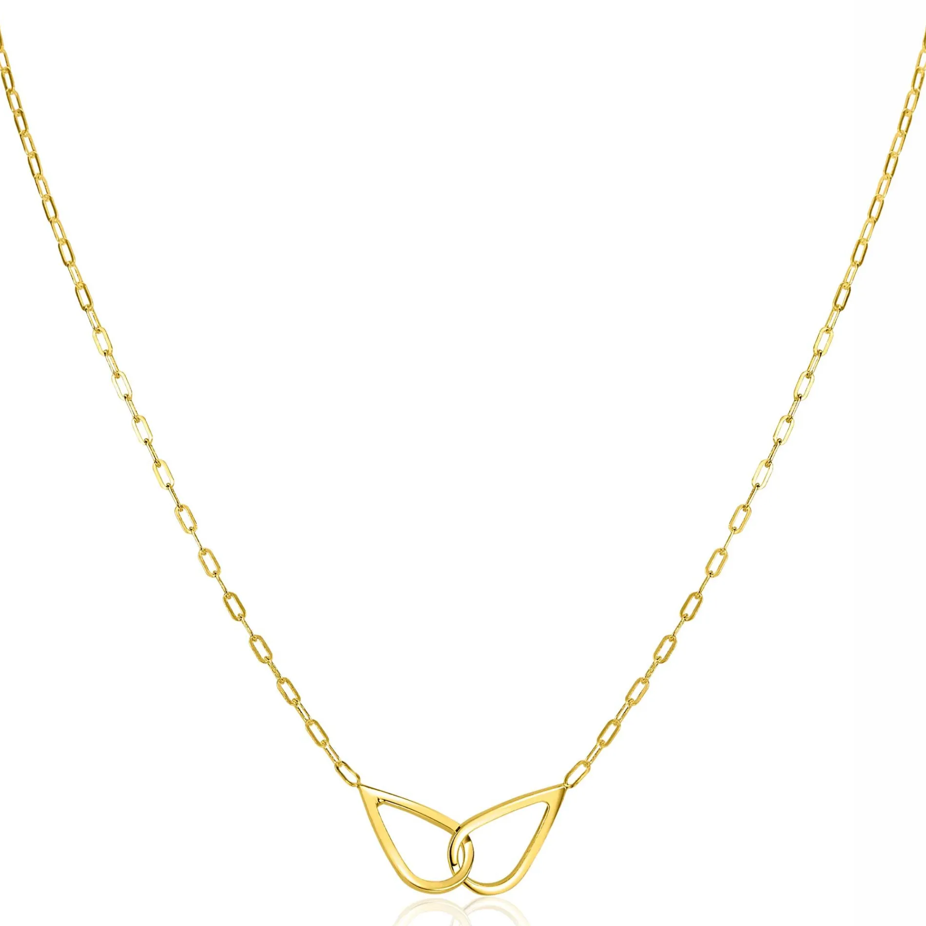 ZINZI gold plated zilveren ketting met paperclip-schakels, waarbij in het midden twee druppelvormen mooi met elkaar verbonden zijn 42-45cm ZIC2634