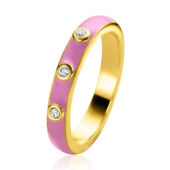 ZINZI gold plated zilveren aanschuifring trendy roze emaille en witte zirconia's 3mm ZIR2315R