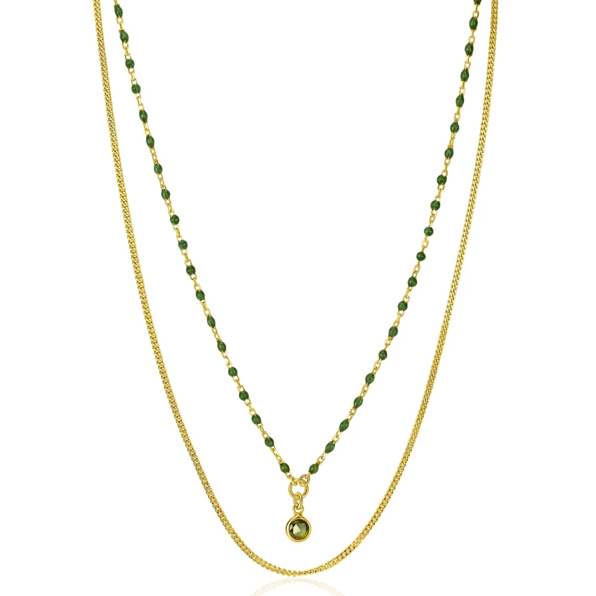 ZINZI gold plated zilveren multilook ketting met gourmet en groene bolletjes schakels, ronde zetting met olijfgroene kleursteen 42-45cm ZIC2528G
