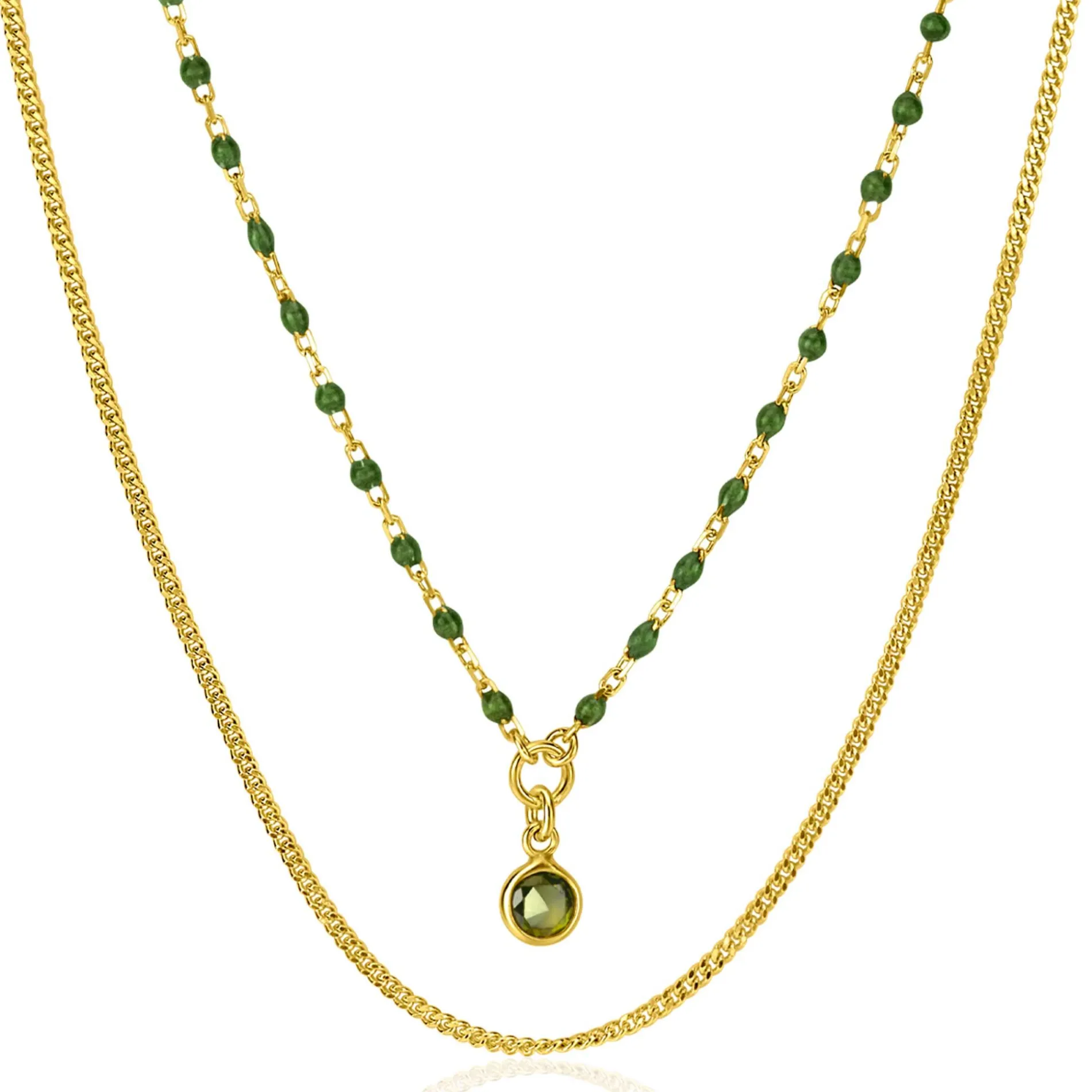 ZINZI gold plated zilveren multilook ketting met gourmet en groene bolletjes schakels, ronde zetting met olijfgroene kleursteen 42-45cm ZIC2528G