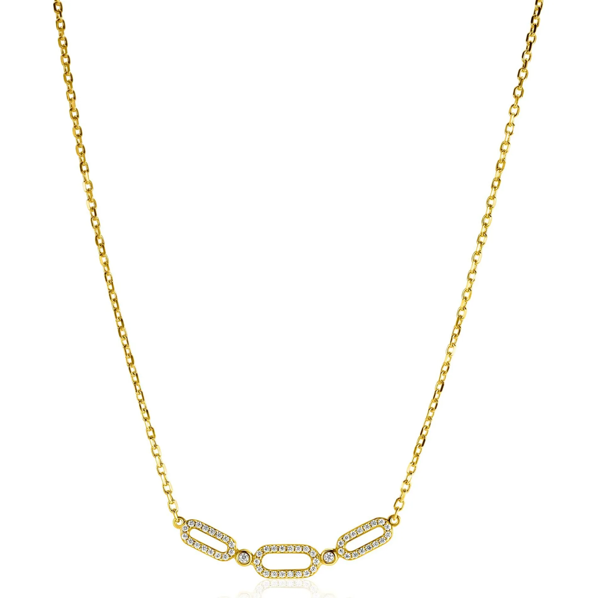 ZINZI gold plated zilveren ketting 45cm met drie ovale schakels, bezet met witte zirconia's ZIC2398Y