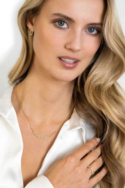 ZINZI gold plated zilveren ketting 45cm met drie ovale schakels, bezet met witte zirconia's ZIC2398Y