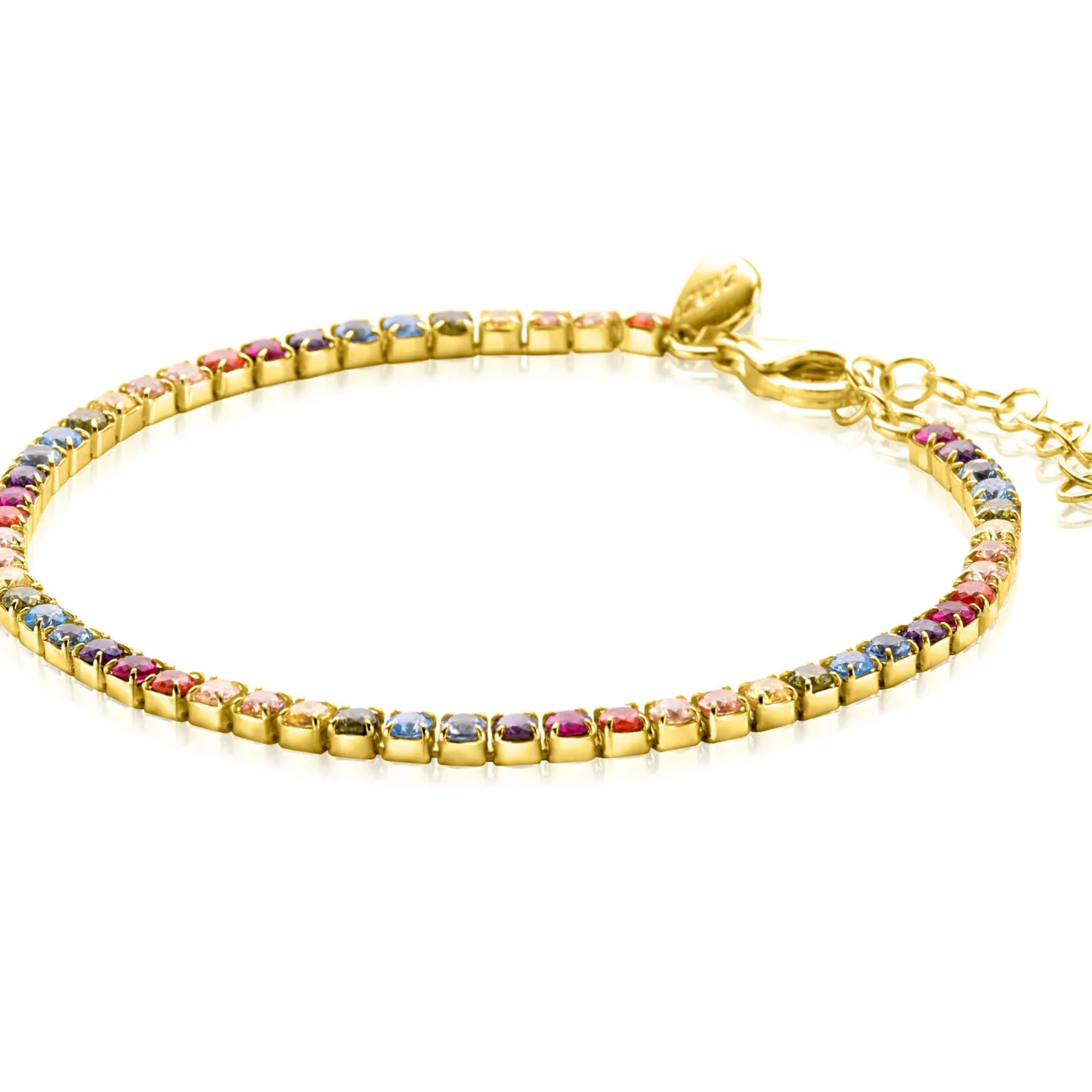 ZINZI gold plated zilveren tennis armband 3mm breed en bezet met regenboog kleurstenen in vierkante kastzettingen 17-20cm ZIA2666