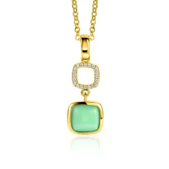 ZINZI gold plated zilveren tweezijdige hanger 30mm vierkant met witte onyx en mintgroene kleursteen ZIH2308 (zonder collier)