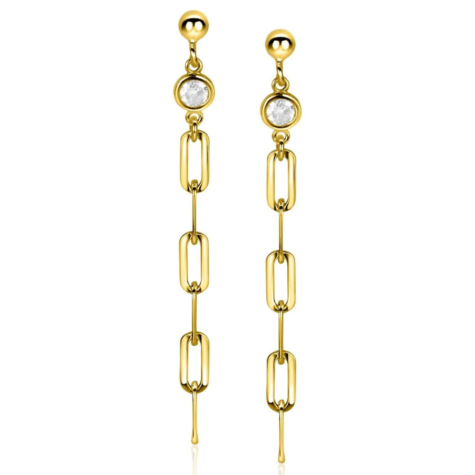 ZINZI gold plated zilveren oorstekers lange paperclip ketting 58mm witte zirconia ZIO2363Y