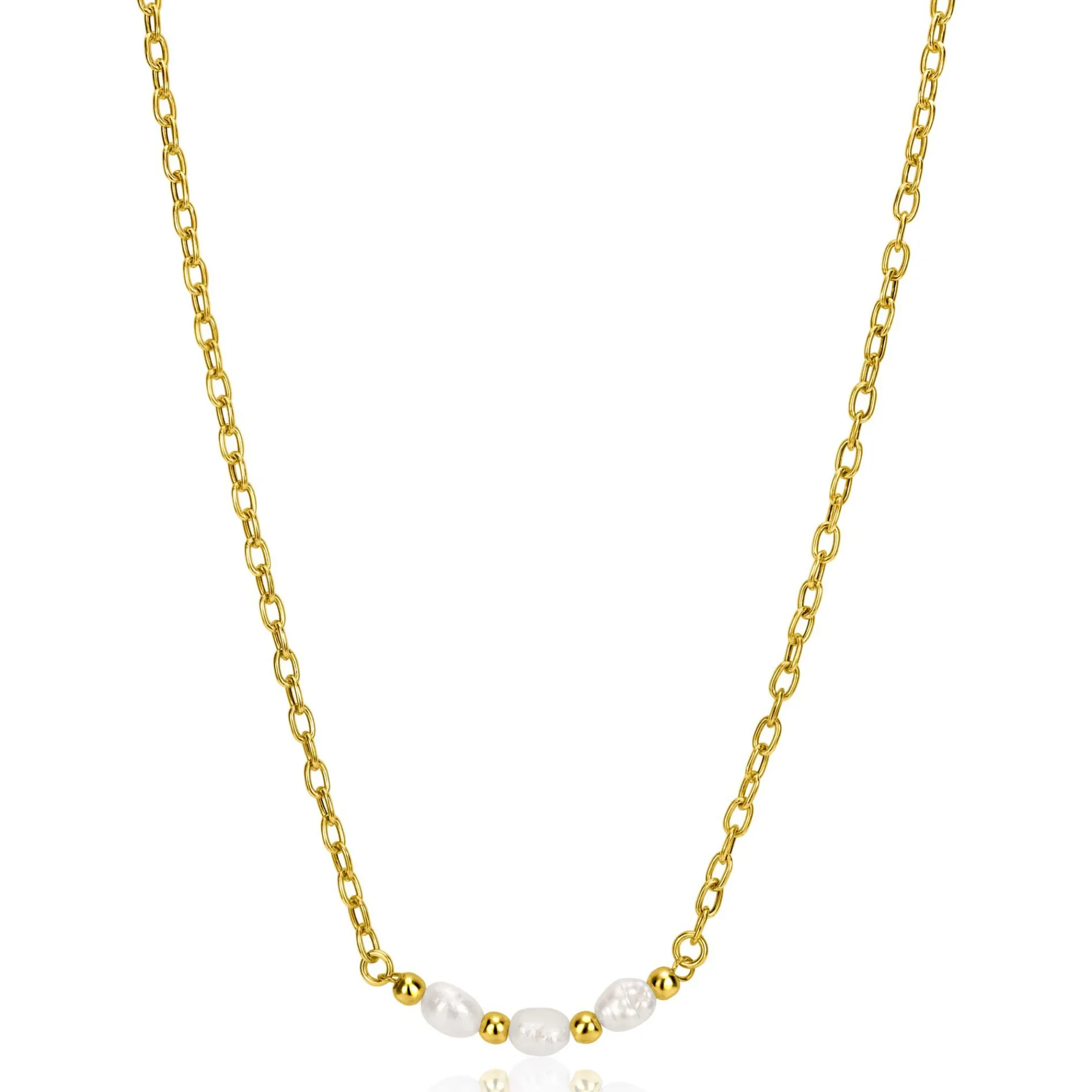 ZINZI gold plated zilveren schakelketting met drie witte natuurlijk gevormde zoetwaterparels in het midden 42-45cm ZIC2643