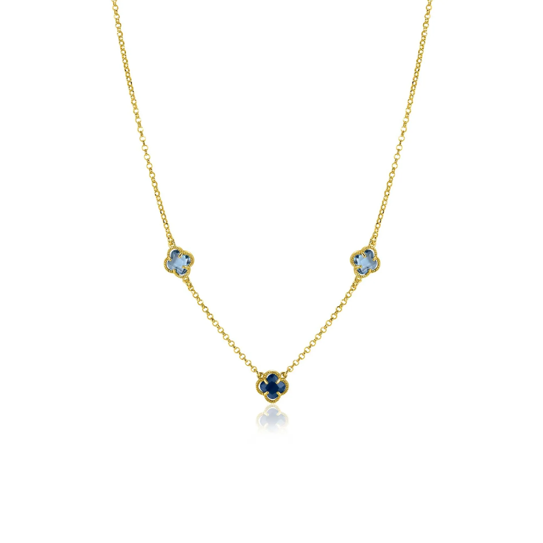 ZINZI gold plated zilveren schakelketting met twee lichtblauwe klavers en een donkerblauwe klaver 42-45cm ZIC2662B