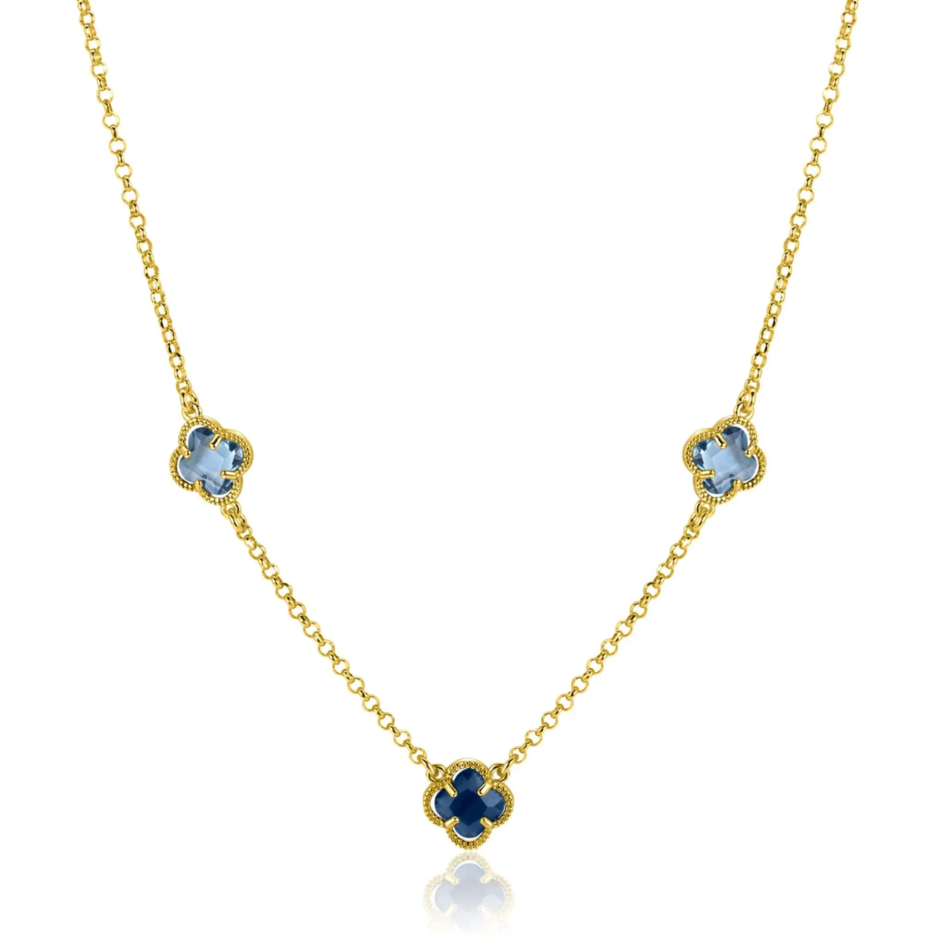 ZINZI gold plated zilveren schakelketting met twee lichtblauwe klavers en een donkerblauwe klaver 42-45cm ZIC2662B