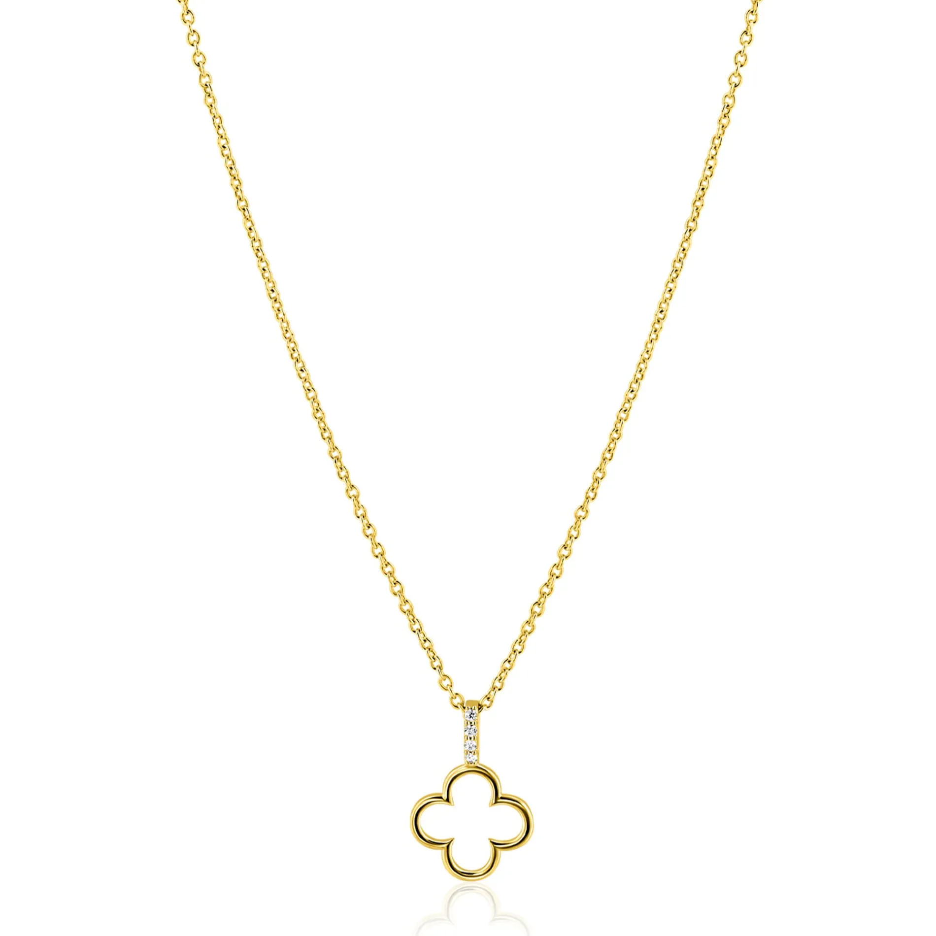 ZINZI gold plated zilveren ketting 42-45cm met open klaver hanger ZIC2743