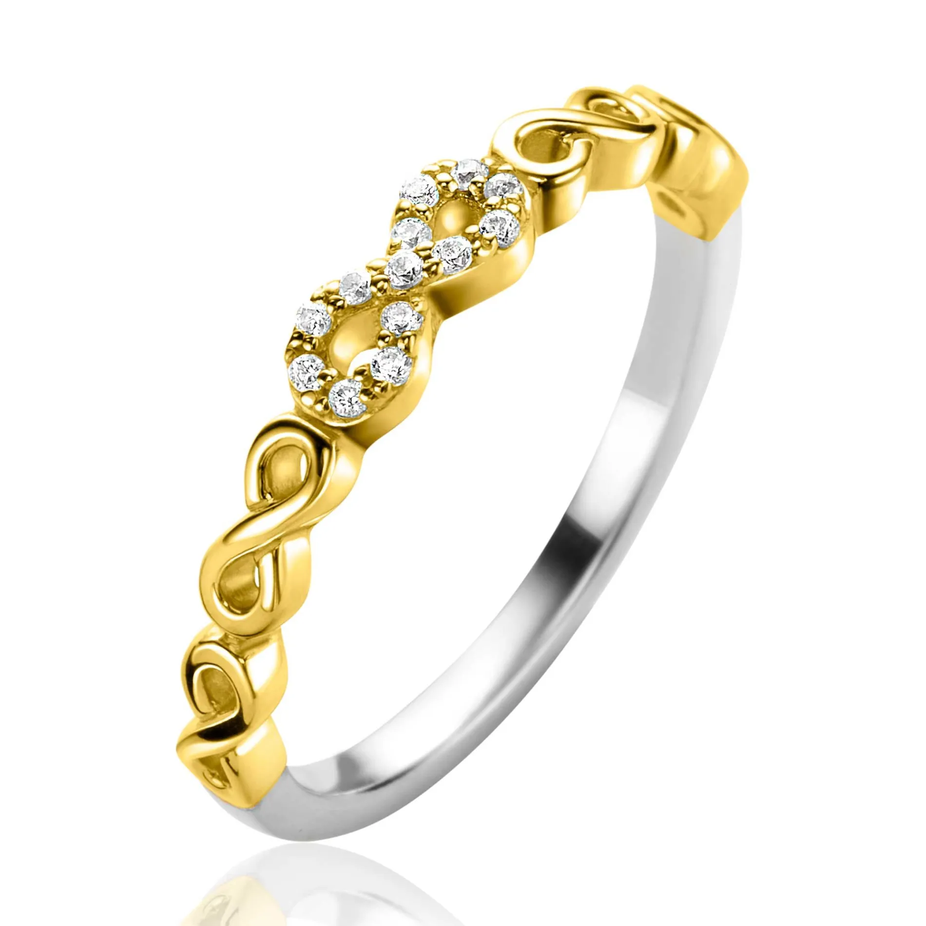ZINZI gold plated zilveren aanschuifring met sierlijke Infinity schakels, middelste is bezet met witte zirconia's 3mm breed ZIR2591