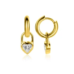 ZINZI gold plated zilveren oorbedels hart met witte zirconia 12mm ZICH2306 (zonder oorringen)