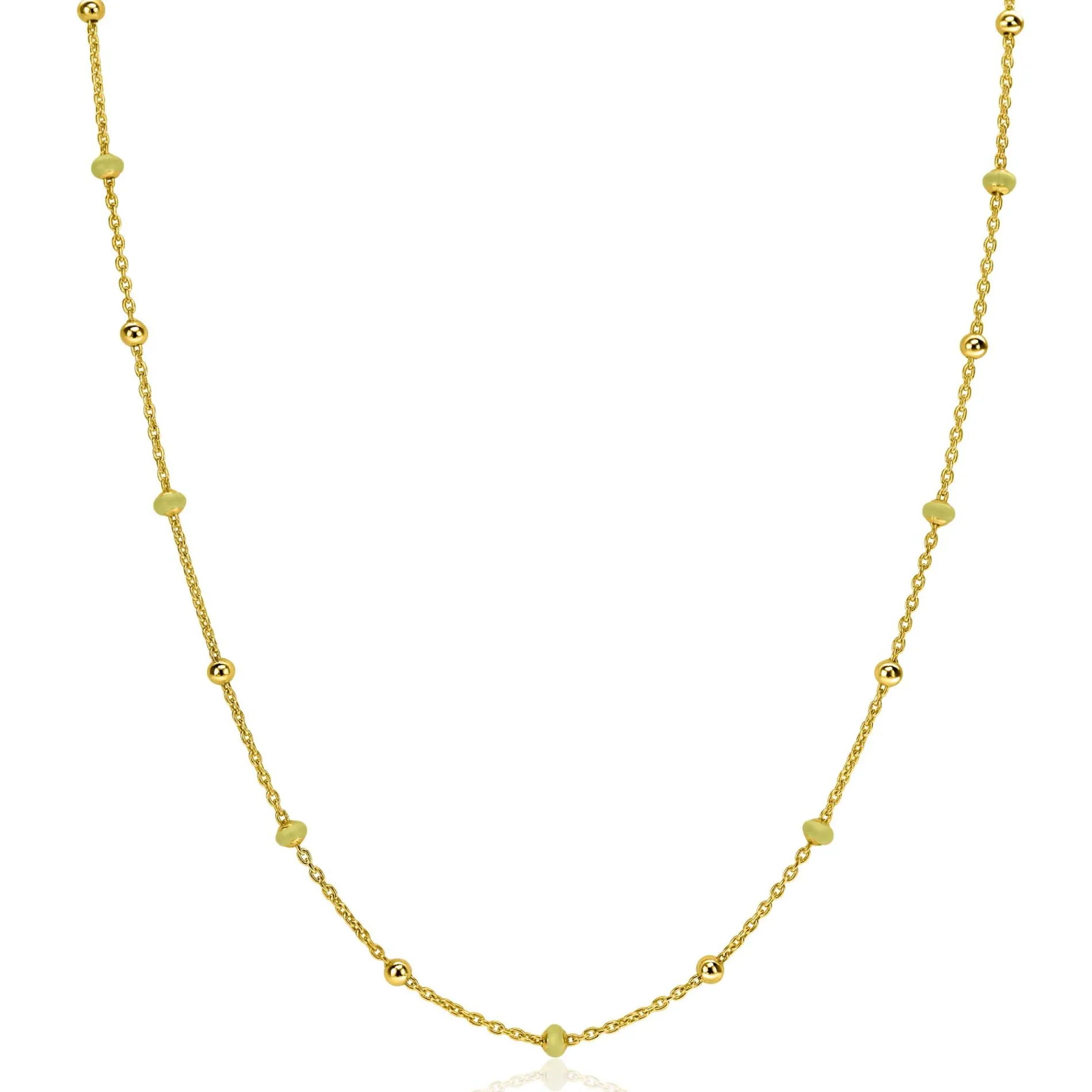 ZINZI gold plated zilveren fantasie ketting met 13 geelgroene donuts en glanzende bolletjes 42-45cm ZIC2508