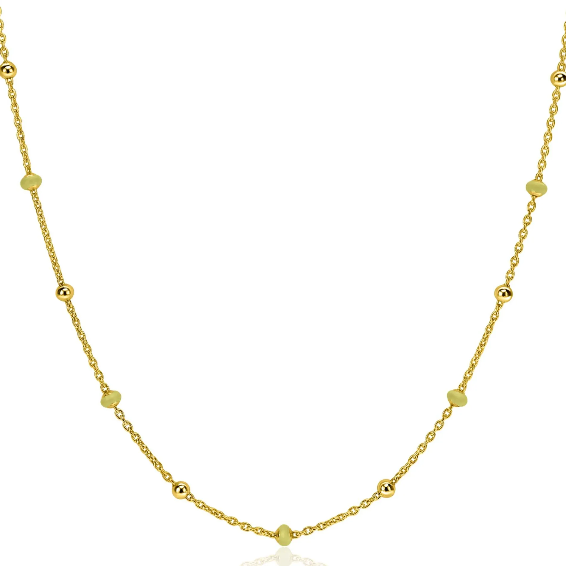 ZINZI gold plated zilveren fantasie ketting met 13 geelgroene donuts en glanzende bolletjes 42-45cm ZIC2508