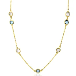 ZINZI gold plated zilveren ketting met ronde en vierkante zettingen jeansblauw en witgrijs 42-45cm ZIC2526G