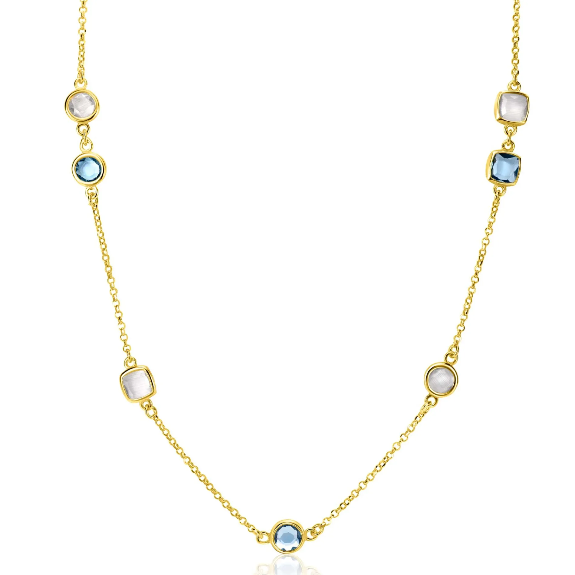 ZINZI gold plated zilveren ketting met ronde en vierkante zettingen jeansblauw en witgrijs 42-45cm ZIC2526G
