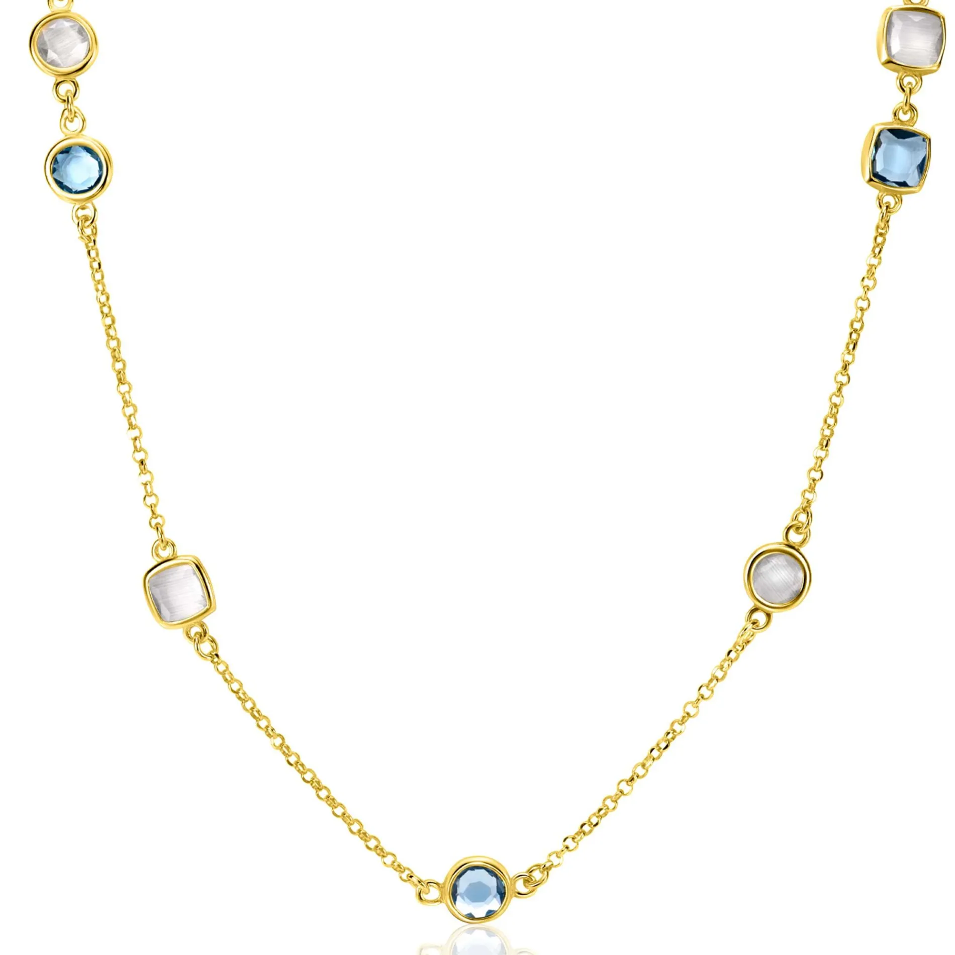 ZINZI gold plated zilveren ketting met ronde en vierkante zettingen jeansblauw en witgrijs 42-45cm ZIC2526G