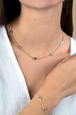 ZINZI gold plated zilveren ketting met ronde en vierkante zettingen jeansblauw en witgrijs 42-45cm ZIC2526G