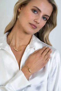 ZINZI gold plated zilveren schakel ketting 45cm met 2 grote ovale schakels, bezet met witte zirconia ZIC2371Y