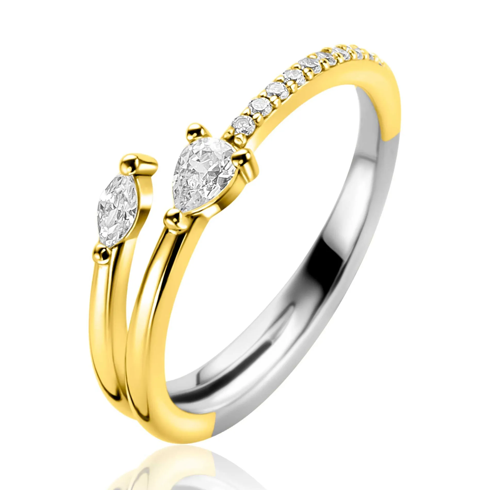 ZINZI gold plated zilveren multi-look ring (4mm breed) met een peervormige en ovale witte zirkonia ZIR2689Y